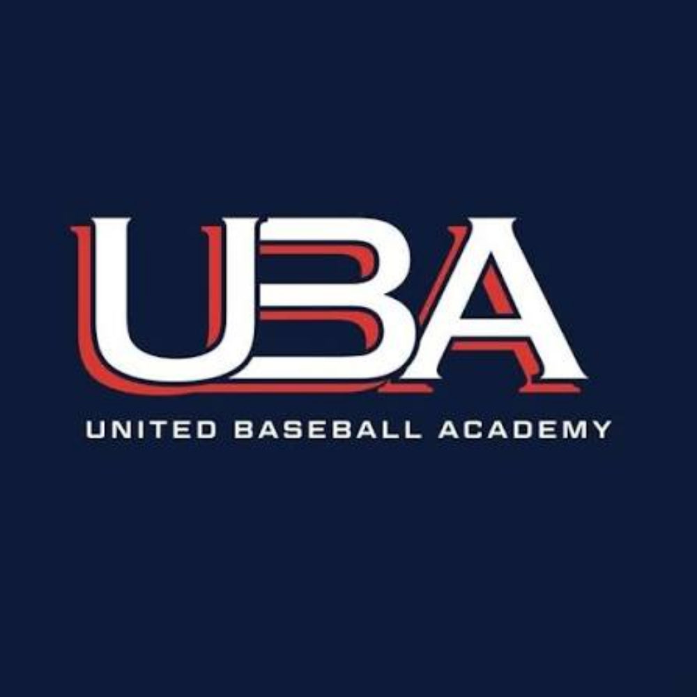 United Baseball Academy logo featuring the letters 'UBA' in white with red outlines, above the text 'UNITED BASEBALL ACADEMY' in white on a dark navy blue background.